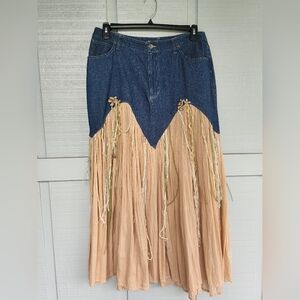 VTG Boho Peasent Denim and Beige Cotton Gauze Maxi Skirt with Ribbon Detailing